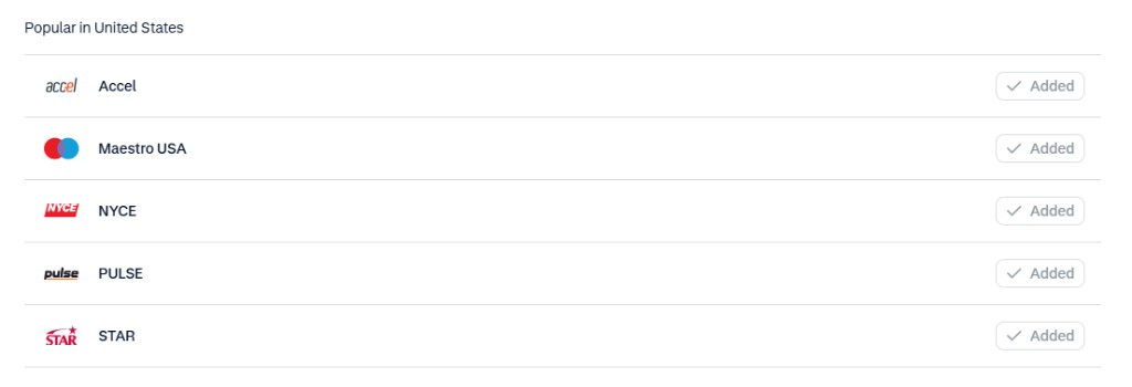 US Debit payment methods