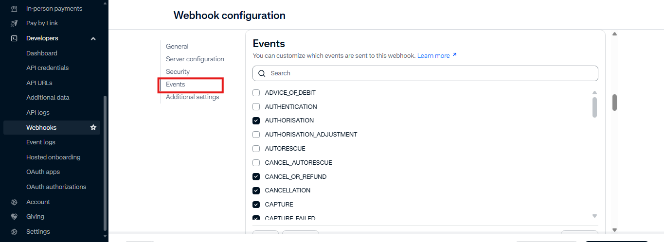 Events Settings