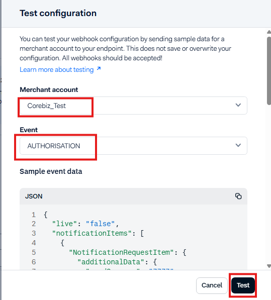 Select test account and event