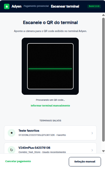 Pantalla de escaneo, con terminales guardados/favoritos listados abajo