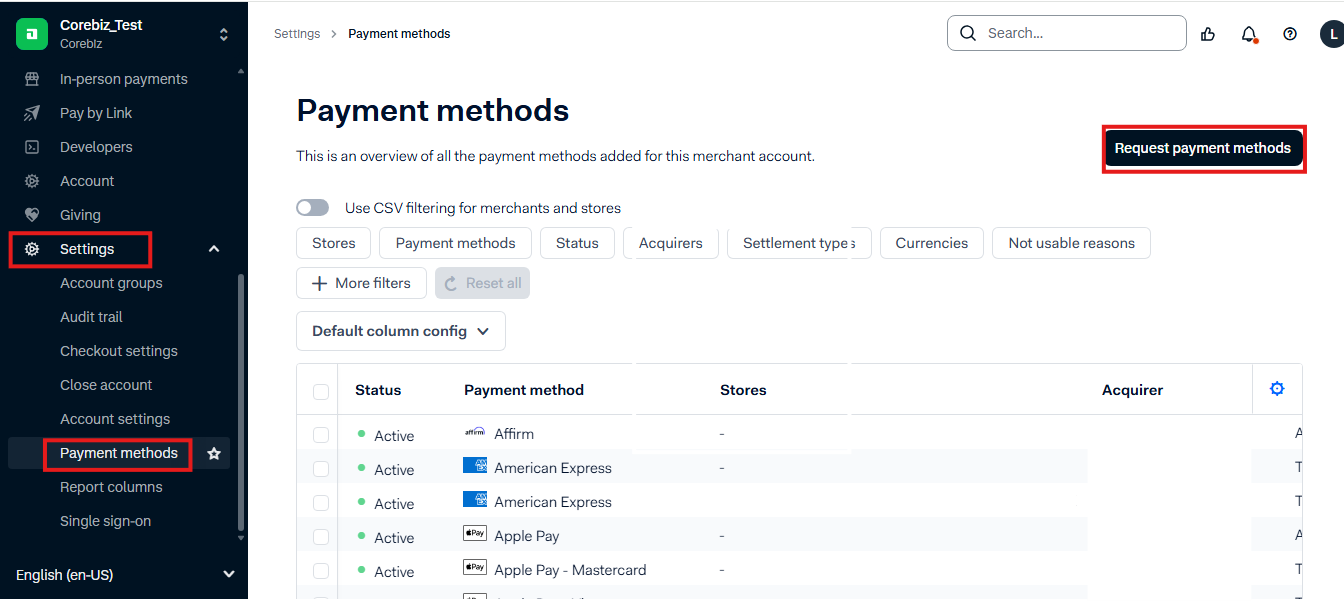 Configurações Adyen