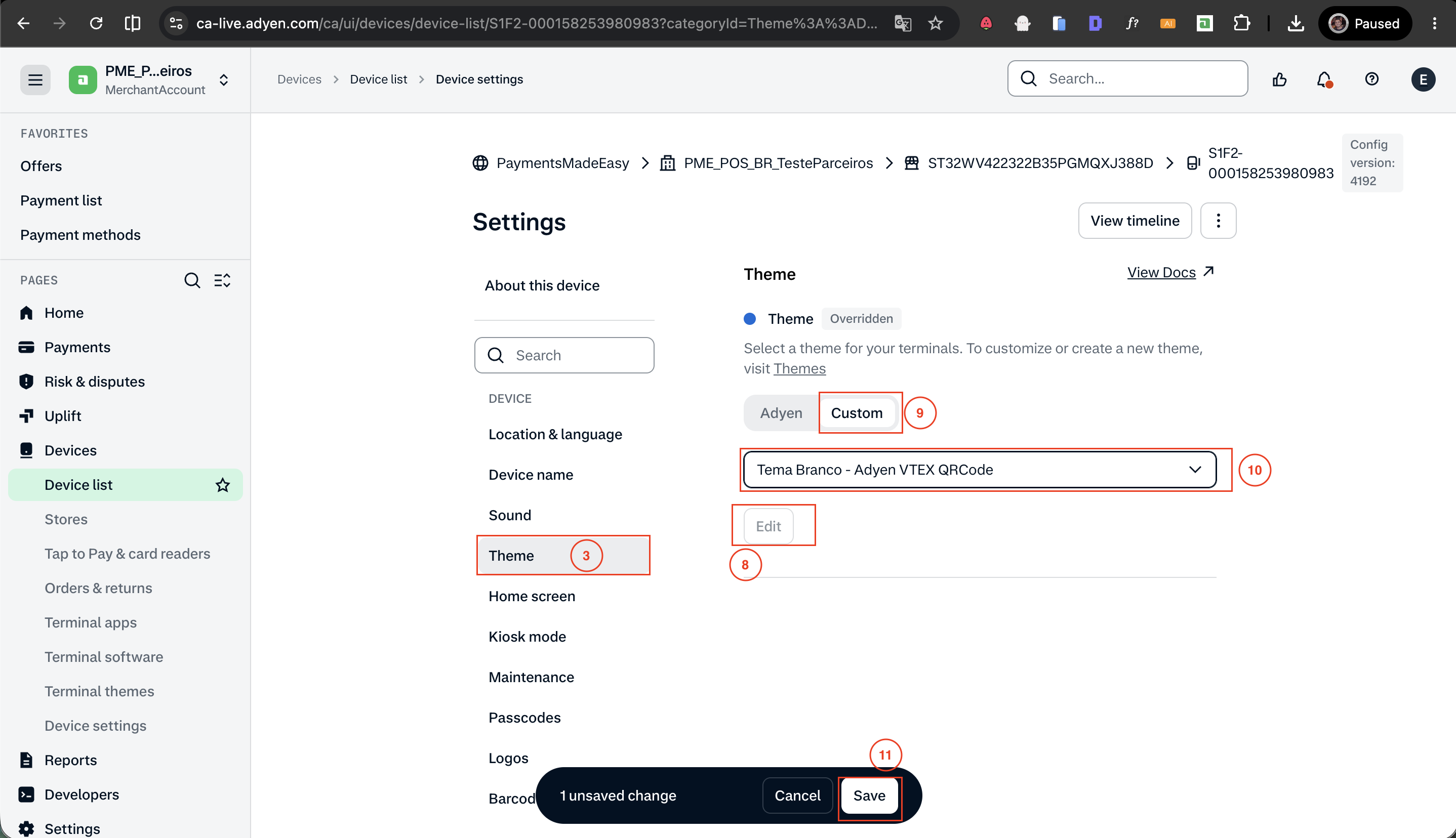 Selecionando o tema customizado Light mode no terminal